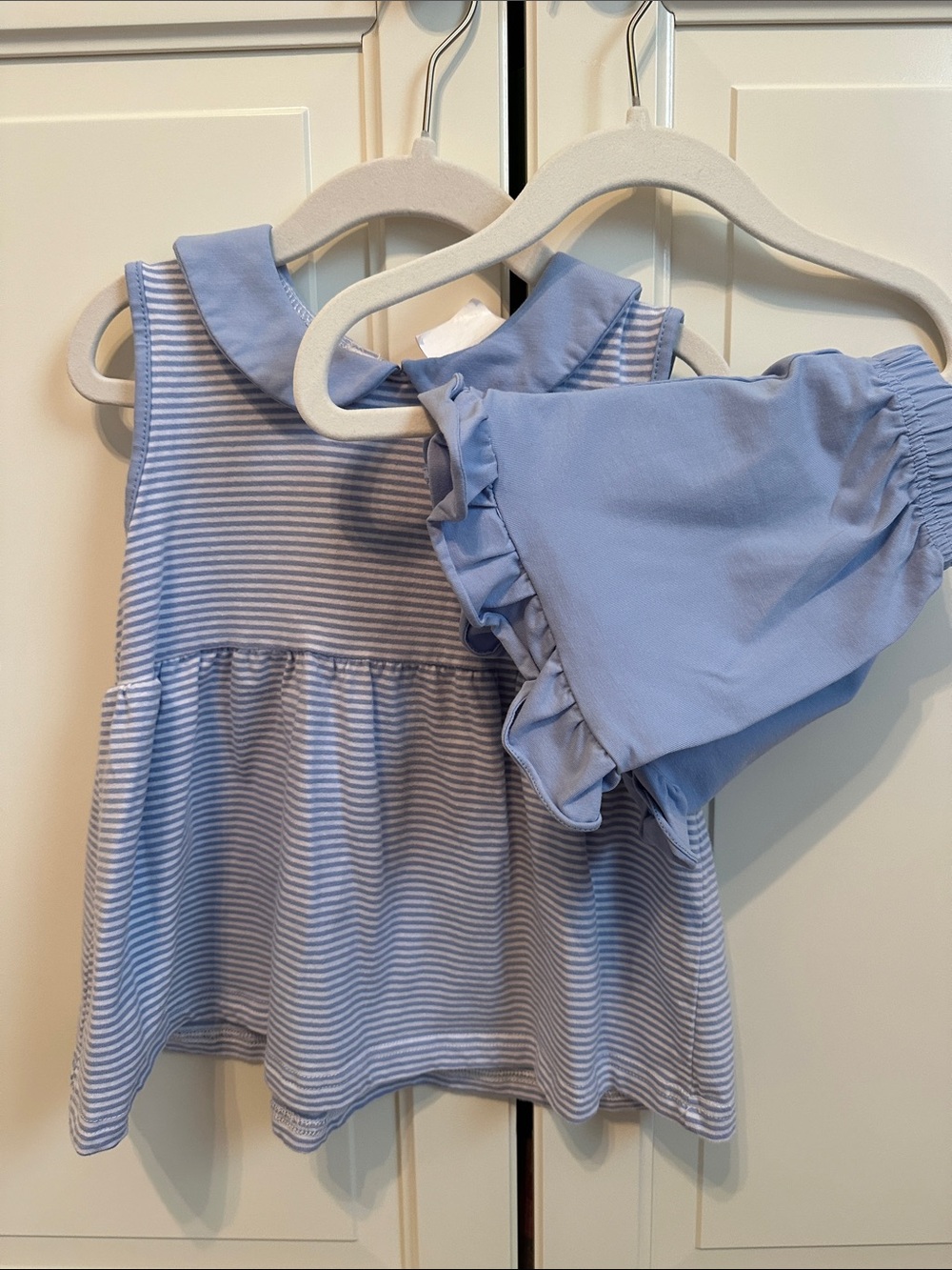 Girls Light Blue Striped Sleeveless Dress with Ruffle Shorts